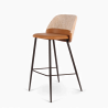 Chaise de bar en cuir et tissu Verone. Structure en métal noir, cuir marron et tissu gris. Assise belle confortable.