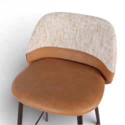 Chaise de bar en cuir et tissu Verone. Structure en métal noir, cuir marron et tissu gris. Assise belle confortable.