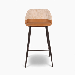 Chaise de bar en cuir et tissu Verone. Structure en métal noir, cuir marron et tissu gris. Assise belle confortable.