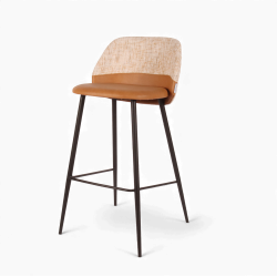 Chaise de bar en cuir et tissu Verone. Structure en métal noir, cuir marron et tissu gris. Assise belle confortable.