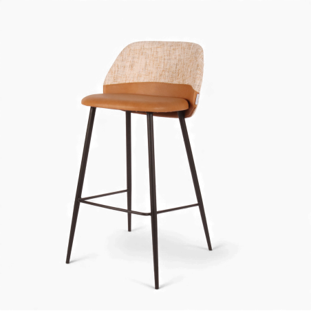 Chaise de bar en cuir et tissu Verone. Structure en métal noir, cuir marron et tissu gris. Assise belle confortable.