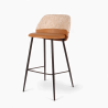 Chaise de bar en cuir et tissu Verone. Structure en métal noir, cuir marron et tissu gris. Assise belle confortable.