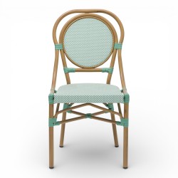 chaise de terrasse parisienne en textilène vert et blanc structure alu rotin empilable