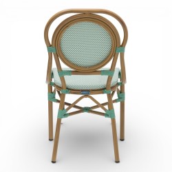 chaise de terrasse parisienne en textilène vert et blanc structure alu rotin empilable