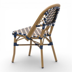 chaise de terrasse parisienne rotin BOURBON, de couleur Blanche, Bleue et jaune. Mobilier de qualité professionnelle.