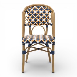 chaise de terrasse parisienne rotin BOURBON, de couleur Blanche, Bleue et jaune. Mobilier de qualité professionnelle.