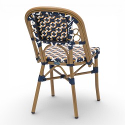 chaise de terrasse parisienne rotin BOURBON, de couleur Blanche, Bleue et jaune. Mobilier de qualité professionnelle.