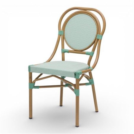 chaise de terrasse parisienne en textilène vert et blanc structure alu rotin empilable