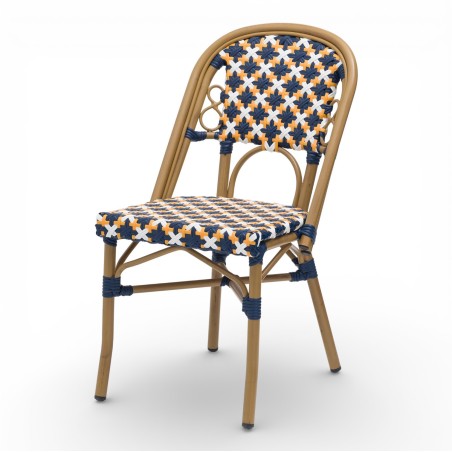 chaise de terrasse parisienne rotin BOURBON, de couleur Blanche, Bleue et jaune. Mobilier de qualité professionnelle.