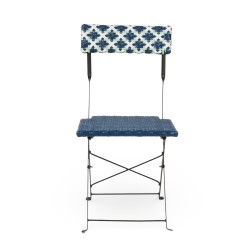 Chaise de jardin pliante Bistromania, tressage bleu et blanc, structure en acier noir.
