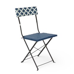 Chaise de jardin pliante Bistromania, tressage bleu et blanc, structure en acier noir.