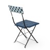 Chaise de jardin pliante Bistromania, tressage bleu et blanc, structure en acier noir.
