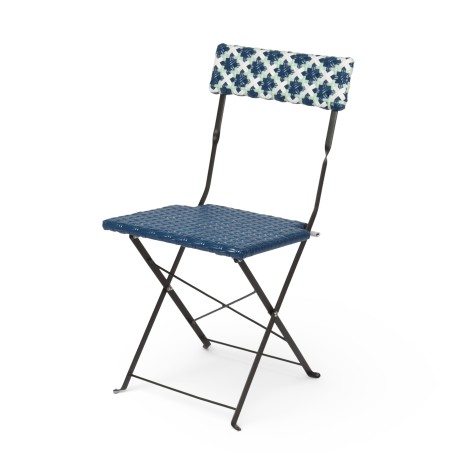 Chaise de jardin pliante Bistromania, tressage bleu et blanc, structure en acier noir.