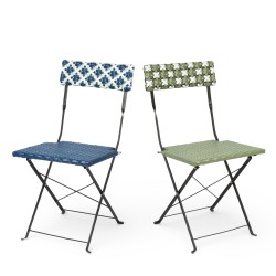 Chaise de jardin pliante Bistromania, tressage vert et blanc, structure en acier noir.