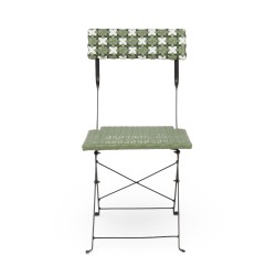 Chaise de jardin pliante Bistromania, tressage vert et blanc, structure en acier noir.