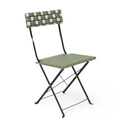 Chaise de jardin pliante Bistromania, tressage vert et blanc, structure en acier noir.