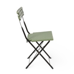Chaise de jardin pliante Bistromania, tressage vert et blanc, structure en acier noir.