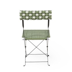 Chaise de jardin pliante Bistromania, tressage vert et blanc, structure en acier noir.