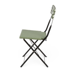 Chaise de jardin pliante Bistromania, tressage vert et blanc, structure en acier noir.