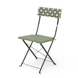 Chaise de jardin pliante Bistromania, tressage vert et blanc, structure en acier noir.