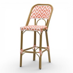 chaise de bar bistrot parisien en aluminium et tressage polyrotin ALMA orange et blanche