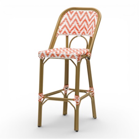 chaise de bar bistrot parisien en aluminium et tressage polyrotin ALMA orange et blanche