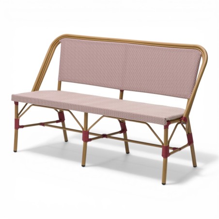 Banquette de terrasse au tressage rouge et blanc