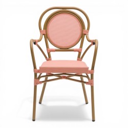 Fauteuil de terrasse au tressé rose et blanc. Fauteuil d'extérieur pour restaurant, motif en forme de pointillés