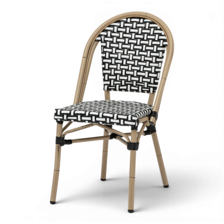 chaise de terrasse parisienne noir blanc structure alu rotin empilable